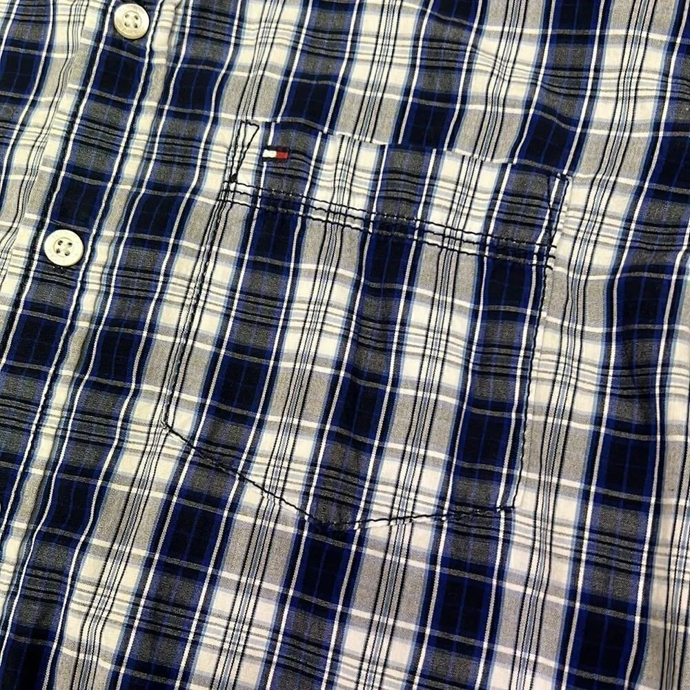 Tommy Hilfiger Boys Large 14/16 Blue Grey White Plaid Button Down Shirt - Picture 6 of 12